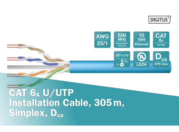 Kat6a U/UTP kabel 500MHz AWG23/1 Blå, Dca,Halogenfri, 305mT 